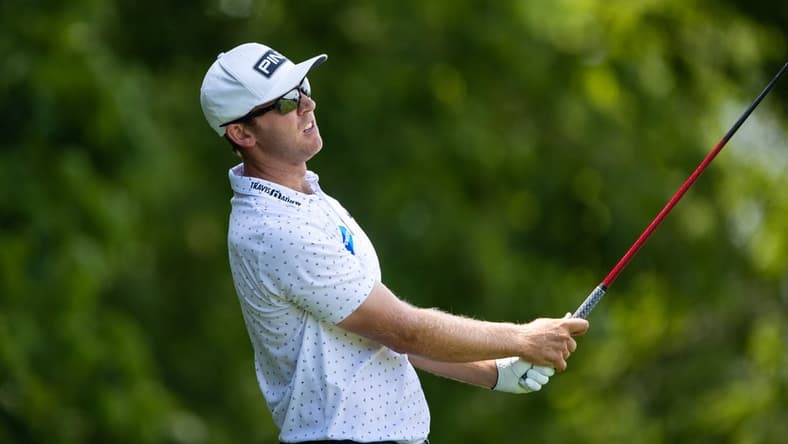 Jul 18, 2021; Nicholasville, Kentucky, USA; Seamus Power hits his tee shot on the third hole during the final round of the Barbasol Championship golf tournament. Mandatory Credit: Jordan Prather-USA TODAY Sports