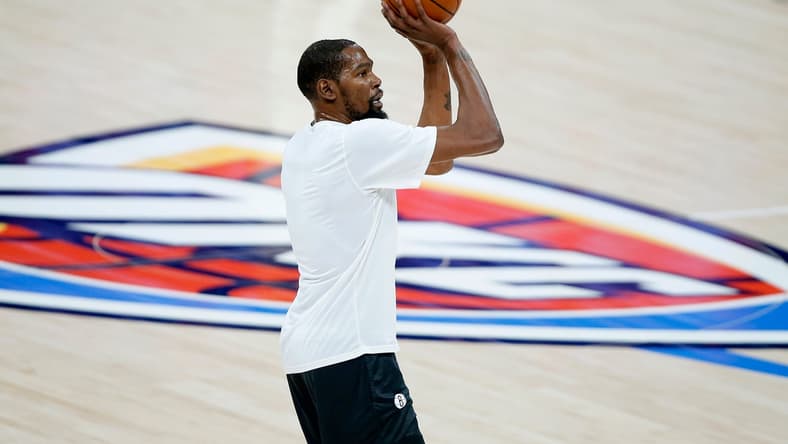 Brooklyn's Kevin Durant shoots the ball before the Nets' game against the Thunder on Jan. 29 at Chesapeake Energy Arena.