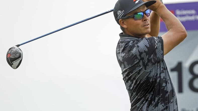Jul 22, 2021; Blaine, Minnesota, USA; Rickie Fowler drives from the 18th tee during the first round of the 3M Open golf tournament. Mandatory Credit: Bruce Kluckhohn-USA TODAY Sports