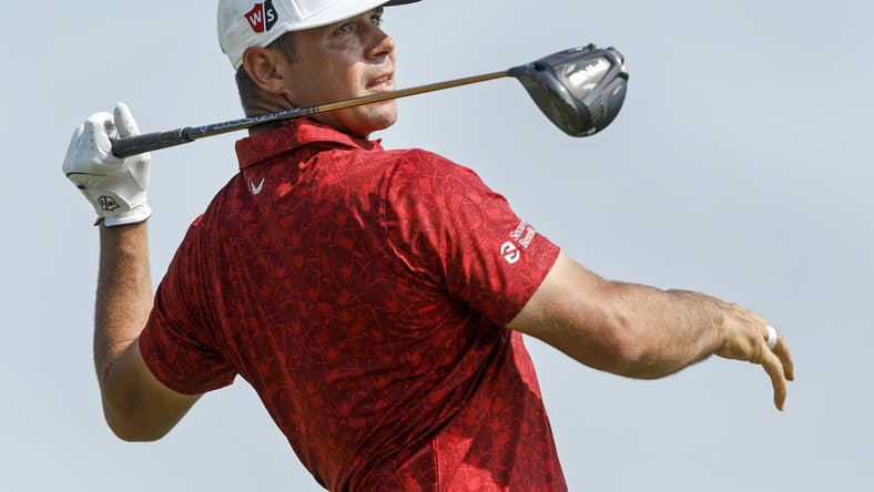 Jul 24, 2021; Blaine, Minnesota, USA; Gary Woodland hits from the 18th tee during the third round of the 3M Open golf tournament. Mandatory Credit: Bruce Kluckhohn-USA TODAY Sports