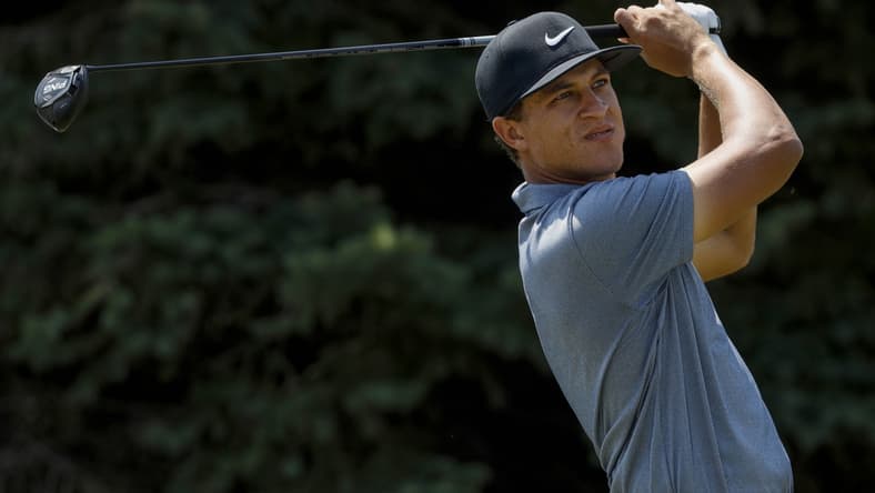 Jul 25, 2021; Blaine, Minnesota, USA; Cameron Champ tees off from the 2nd tee box during the final round of the 3M Open golf tournament. Mandatory Credit: Bruce Kluckhohn-USA TODAY Sports