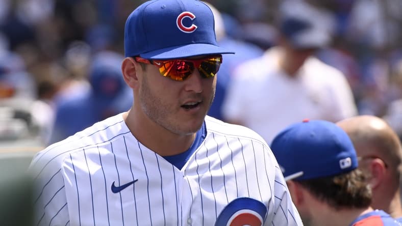 Jul 29, 2021; Chicago, Illinois, USA; Chicago Cubs first baseman Anthony Rizzo (44) looks on from the dugout during the game against Cincinnati Reds at Wrigley Field. Mandatory Credit: Matt Marton-USA TODAY Sports