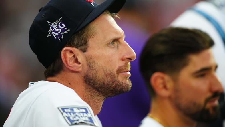Jul 13, 2021; Denver, Colorado, USA; National League starting pitcher Max Scherzer of the Washington Nationals (31) during the 2021 MLB All Star Game at Coors Field. Mandatory Credit: Mark J. Rebilas-USA TODAY Sports