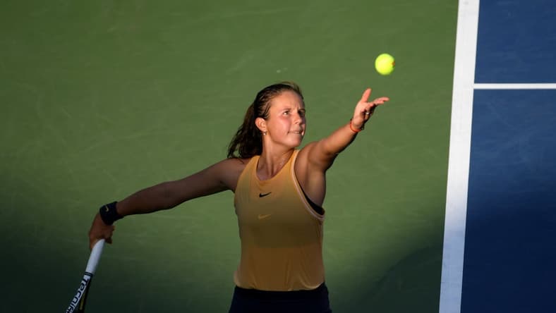 Aug 7, 2019; Toronto, Ontario, Canada;   Daria Kasatkina (Russia) serves against Bianca Andreescu (Canada) during the Rogers Cup tennis tournament at Aviva Centre. Mandatory Credit: Dan Hamilton-USA TODAY Sports