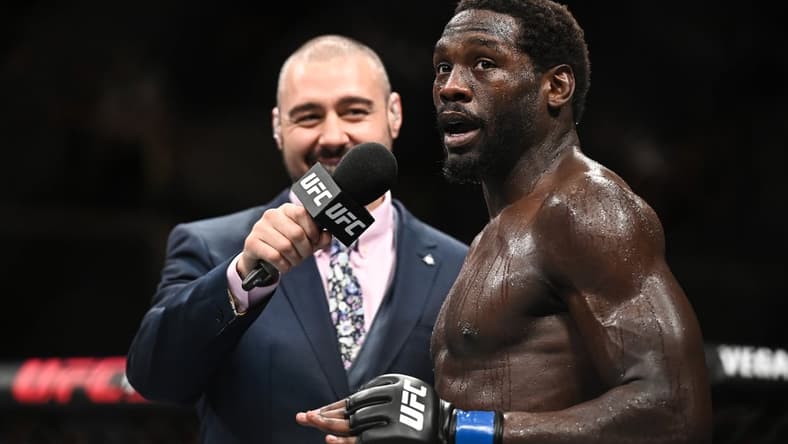 Sep 28, 2019; Copenhagen, DEN; Jared Cannonier (blue gloves) is interviewed after defeating Jack Hermansson (not pictured) during UFC Fight Night at Royal Arena. Mandatory Credit: Per Haljestam-USA TODAY Sports