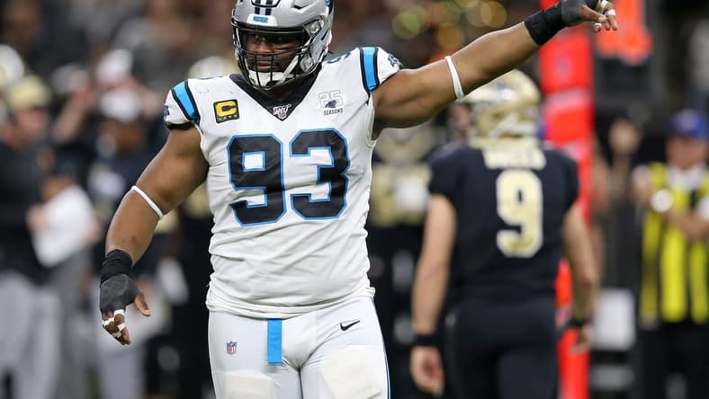 Nov 24, 2019; New Orleans, LA, USA; Carolina Panthers defensive tackle Gerald McCoy (93) gestures in the second quarter against the New Orleans Saints at the Mercedes-Benz Superdome. Mandatory Credit: Chuck Cook-USA TODAY Sports