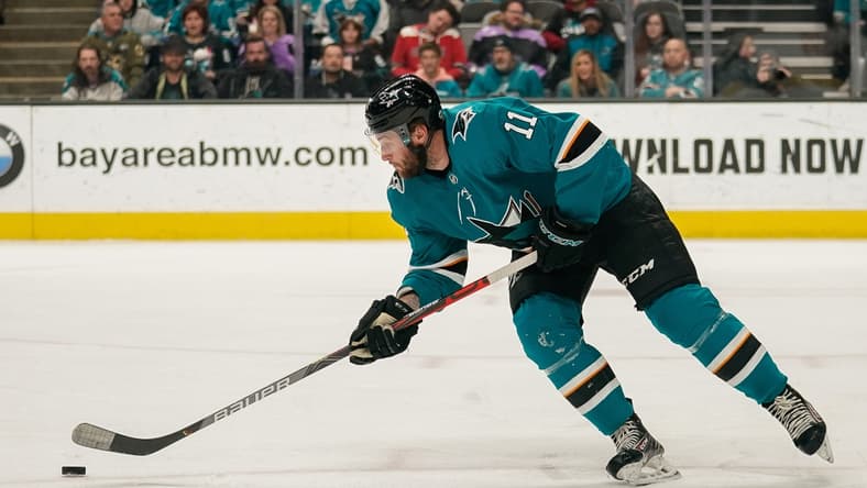 Mar 8, 2020; San Jose, California, USA; San Jose Sharks right wing Stefan Noesen (11) controls the puck during the first period against the Colorado Avalanche at SAP Center at San Jose. Mandatory Credit: Stan Szeto-USA TODAY Sports
