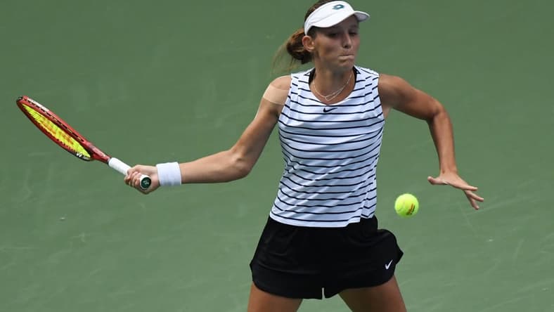 Sep 4, 2020; Flushing Meadows, New York, USA; Varvara Gracheva of Russia hits a forehand against Petra Martic of Croatia (not pictured) on day five of the 2020 U.S. Open tennis tournament at USTA Billie Jean King National Tennis Center. Mandatory Credit: Danielle Parhizkaran-USA TODAY Sports