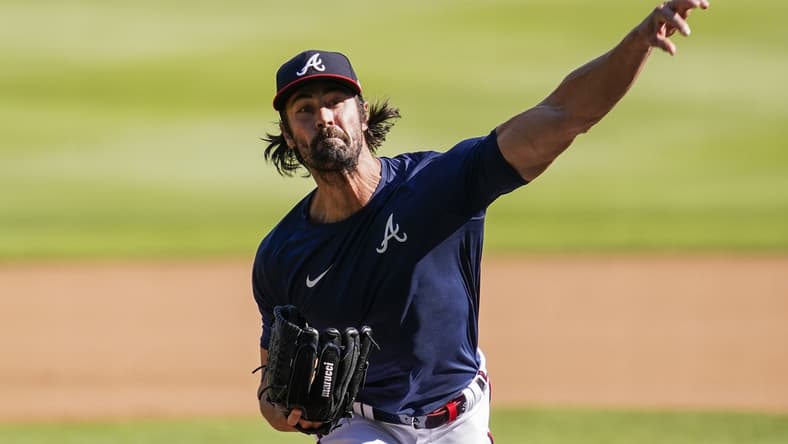 Sep 6, 2020; Cumberland, Georgia, USA; Atlanta Braves injured pitcher Cole Hamels throws from the  pitchers mound after  the completion of the game against the Washington Nationals at Truist Park. Mandatory Credit: Dale Zanine-USA TODAY Sports