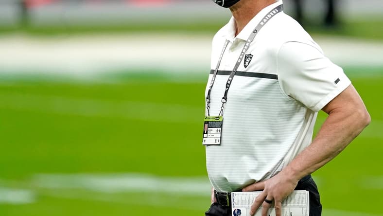 Nov 15, 2020; Paradise, Nevada, USA; Las Vegas Raiders general manager Mike Mayock prior to a game against the Denver Broncos at Allegiant Stadium. Mandatory Credit: Kirby Lee-USA TODAY Sports