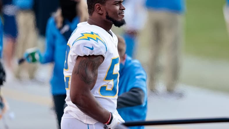 Nov 1, 2020; Denver, Colorado, USA; Los Angeles Chargers middle linebacker Denzel Perryman (52) in the third quarter against the Denver Broncos at Empower Field at Mile High. Mandatory Credit: Isaiah J. Downing-USA TODAY Sports