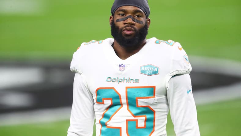 Dec 26, 2020; Paradise, Nevada, USA; Miami Dolphins cornerback Xavien Howard (25) against the Las Vegas Raiders at Allegiant Stadium. Mandatory Credit: Mark J. Rebilas-USA TODAY Sports