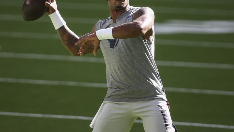Jan 3, 2021; Houston, Texas, USA; Houston Texans quarterback Deshaun Watson (4) warms up before a game against the Tennessee Titans at NRG Stadium. Mandatory Credit: Troy Taormina-USA TODAY Sports