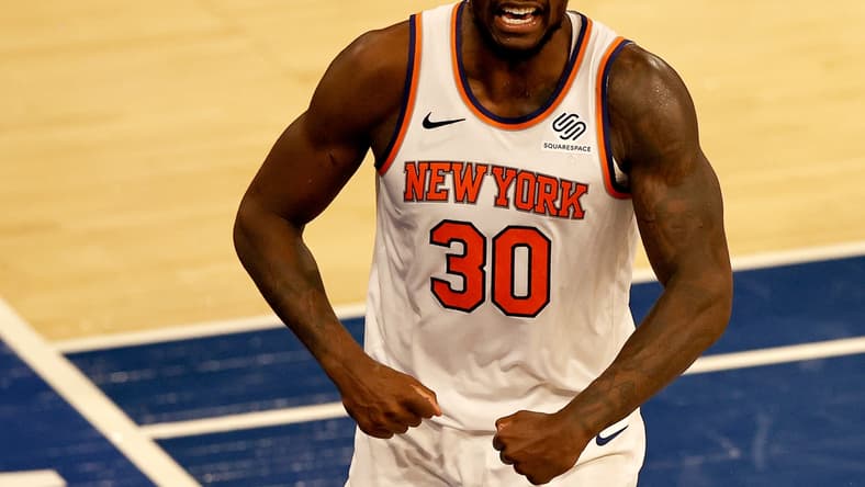 Feb 27, 2021; New York, New York, USA; Julius Randle #30 of the New York Knicks celebrates after drawing the foul late in the fourth quarter against the Indiana Pacers at Madison Square Garden. Mandatory Credit: POOL PHOTOS-USA TODAY Sports