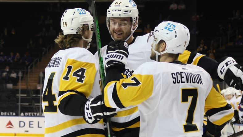 Apr 8, 2021; New York, New York, USA; Pittsburgh Penguins left wing Radim Zohorna (67) celebrates with center Mark Jankowski (14) and center Colton Sceviour (7) his goal scored against the New York Rangers during the first period at Madison Square Garden. Mandatory Credit: Bruce Bennett/Pool Photo-USA TODAY Sports