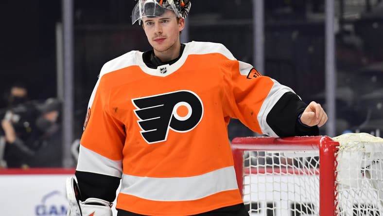 Apr 6, 2021; Philadelphia, Pennsylvania, USA; Philadelphia Flyers goaltender Carter Hart (79) against the Boston Bruins at Wells Fargo Center. Mandatory Credit: Eric Hartline-USA TODAY Sports
