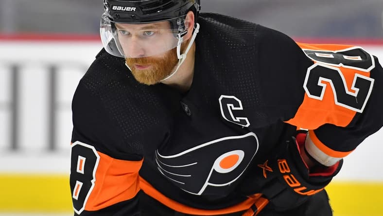 May 1, 2021; Philadelphia, Pennsylvania, USA; Philadelphia Flyers center Claude Giroux (28) against the New Jersey Devils at Wells Fargo Center. Mandatory Credit: Eric Hartline-USA TODAY Sports