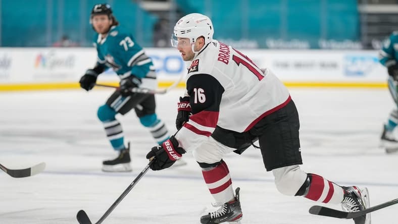 May 8, 2021; San Jose, California, USA;  Arizona Coyotes center Derick Brassard (16) controls the puck during the first period against the San Jose Sharks at SAP Center at San Jose. Mandatory Credit: Stan Szeto-USA TODAY Sports