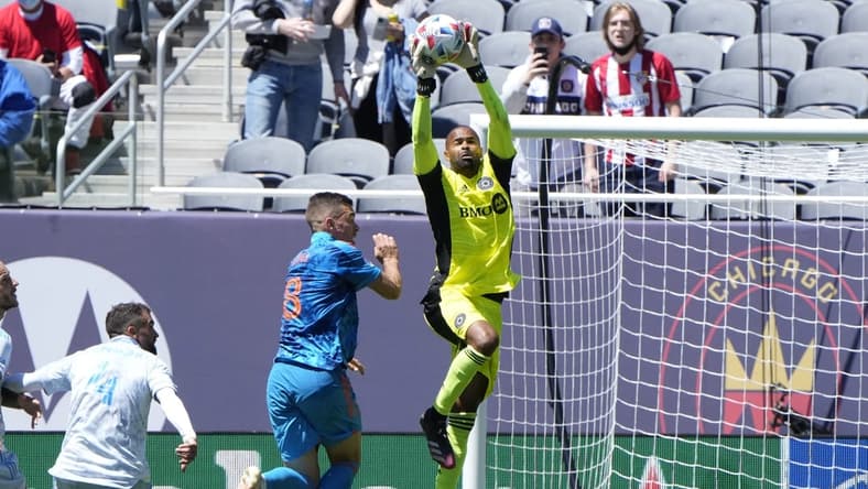 May 29, 2021; Chicago, Illinois, USA; CF Montreal goalkeeper Clement Diop (23) makes a save against Chicago Fire midfielder Luka Stojanovic (8) during the second half at Soldier Field. Mandatory Credit: Mike Dinovo-USA TODAY Sports