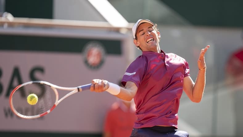 May 30, 2021; Paris, France; Dominic Thiem (AUT) in action during his match against Pablo Andujar (ESP) at Roland Garros Stadium. Mandatory Credit: Susan Mullane-USA TODAY Sports
