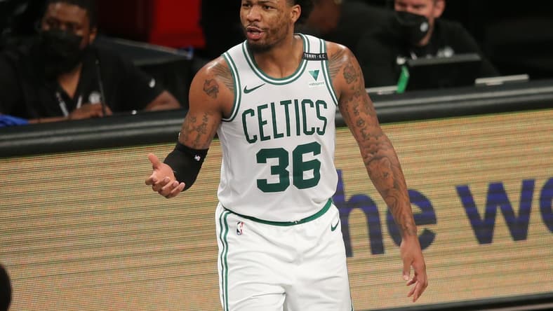 Jun 1, 2021; Brooklyn, New York, USA; Boston Celtics point guard Marcus Smart (36) reacts after being called for a foul during the second quarter of game five of the first round of the 2021 NBA Playoffs against the Brooklyn Nets at Barclays Center. Mandatory Credit: Brad Penner-USA TODAY Sports