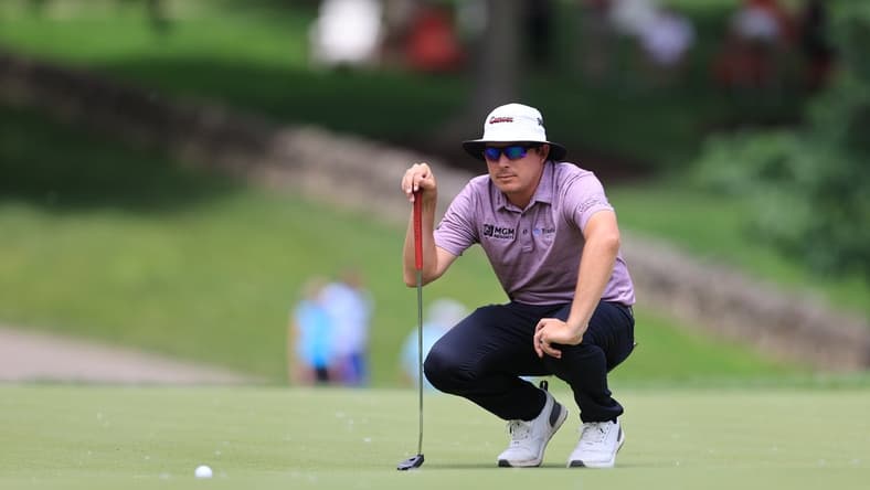 Jun 4, 2021; Dublin, Ohio, USA; Joel Dahmen lines up a putt on the 8th green during the second round of the Memorial Tournament golf tourney. Mandatory Credit: Aaron Doster-USA TODAY Sports