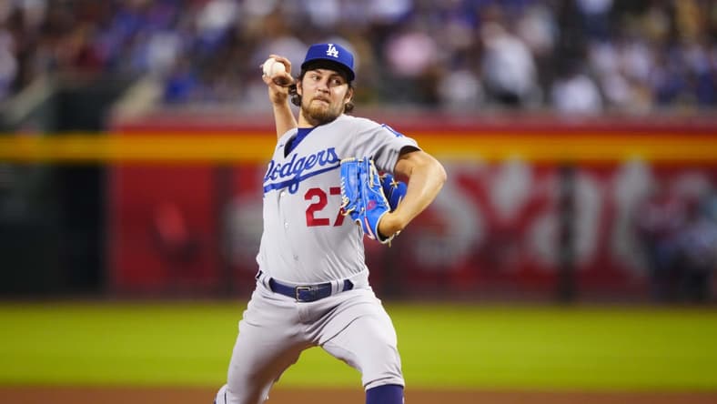 Jun 18, 2021; Phoenix, Arizona, USA; Los Angeles Dodgers pitcher Trevor Bauer against the Arizona Diamondbacks at Chase Field. Mandatory Credit: Mark J. Rebilas-USA TODAY Sports