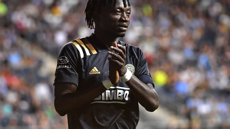 Jun 23, 2021; Chester, Pennsylvania, USA; Philadelphia Union defender Olivier Mbaizo (15) walks off the field against the Columbus Crew during the second half at Subaru Park . Mandatory Credit: Eric Hartline-USA TODAY Sports