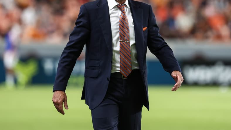 Jul 3, 2021; Houston, Texas, USA; Houston Dynamo head coach Tab Ramos reacts during the match against FC Cincinnati at BBVA Stadium. Mandatory Credit: Troy Taormina-USA TODAY Sports