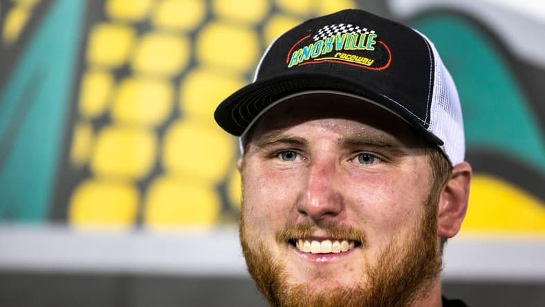 NASCAR Camping World Truck Series driver Austin Hill (16) poses for photos after winning the Corn Belt 150, Friday, July 9, 2021, at the Knoxville Raceway in Knoxville, Iowa.

210709 Corn Belt 150 005 Jpg