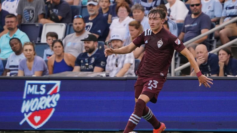 Jun 23, 2021; Kansas City, Kansas, USA; Colorado Rapids defender Sam Vines (13) controls the ball during the match against Sporting Kansas City at Children's Mercy Park. Mandatory Credit: Denny Medley-USA TODAY Sports