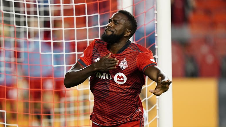 Jul 17, 2021; Toronto, Ontario, USA; Toronto FC forward Jozy Altidore (17) celebrates after scoring a goal against Orlando City during the second half at BMO Field. Mandatory Credit: John E. Sokolowski-USA TODAY Sports