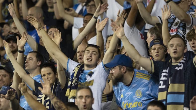 Jul 17, 2021; Chester, Pennsylvania, USA; Philadelphia Union fans react in the second half against D.C. United at Subaru Park. Mandatory Credit: Mitchell Leff-USA TODAY Sports