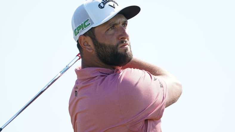 Jul 18, 2021; Sandwich, England, GBR; Jon Rahm plays his shot from the ninth tee during the final round of the Open Championship golf tournament. Mandatory Credit: Peter van den Berg-USA TODAY Sports