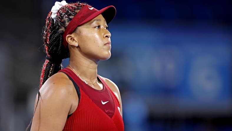 Jul 27, 2021; Tokyo, Japan; Naomi Osaka (JPN) reacts during her match against Marketa Vondrousova (CZE) in the women's tennis third round singles during the Tokyo 2020 Olympic Summer Games at Ariake Tennis Park. Mandatory Credit: Yukihito Taguchi-USA TODAY Sports