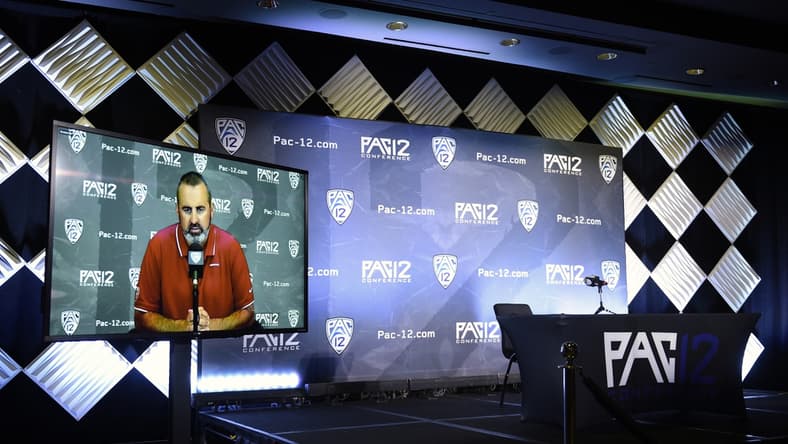 Jul 27, 2021; Hollywood, CA, USA; Washington State Cougars head coach Nick Rolovich speaks with the media during the Pac-12 football Media Day at the W Hollywood. Mandatory Credit: Kelvin Kuo-USA TODAY Sports