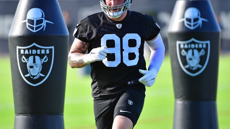 Jul 28, 2021; Las Vegas, NV, USA; Las Vegas Raiders defensive end Maxx Crosby (98) is pictured during a team practice at Intermountain Healthcare Performance Center in Henderson. Mandatory Credit: Stephen R. Sylvanie-USA TODAY Sports