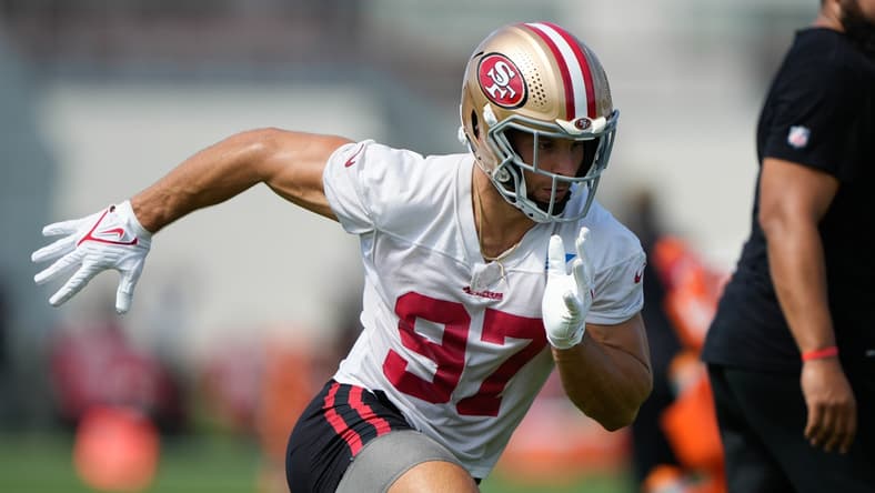 Jul 28, 2021; Santa Clara, CA, USA; San Francisco 49ers defensive end Nick Bosa (97) runs during training camp at the SAP Performance Facility. Mandatory Credit: Stan Szeto-USA TODAY Sports