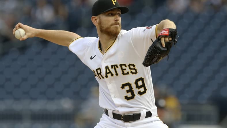 Jul 29, 2021; Pittsburgh, Pennsylvania, USA;  Pittsburgh Pirates starting pitcher Chad Kuhl (39) delivers a pitch against the Milwaukee Brewers during the first inning at PNC Park. Mandatory Credit: Charles LeClaire-USA TODAY Sports
