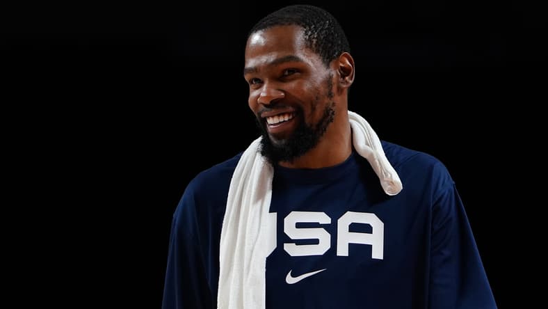 Jul 31, 2021; Saitama, Japan; Team United States forward Kevin Durant (7) reacts after defeating Czech Republic during the Tokyo 2020 Olympic Summer Games at Saitama Super Arena. Mandatory Credit: Kareem Elgazzar-USA TODAY Sports
