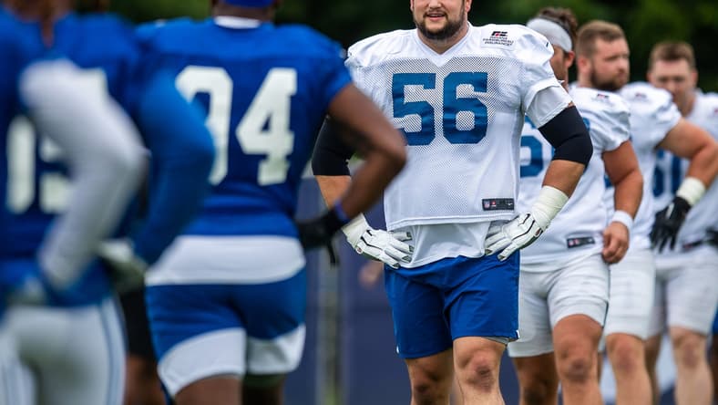 Indianapolis Colts offensive guard Quenton Nelson (56) lines up for stretches during practice Saturday, July 31, 2021.