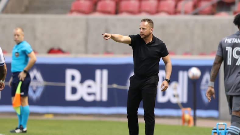 Jul 31, 2021; Sandy, Utah, USA; Vancouver Whitecaps head coach Marc Dos Santos instructs his team from the sideline during the first half against Minnesota United at Rio Tinto Stadium. Mandatory Credit: Rob Gray-USA TODAY Sports