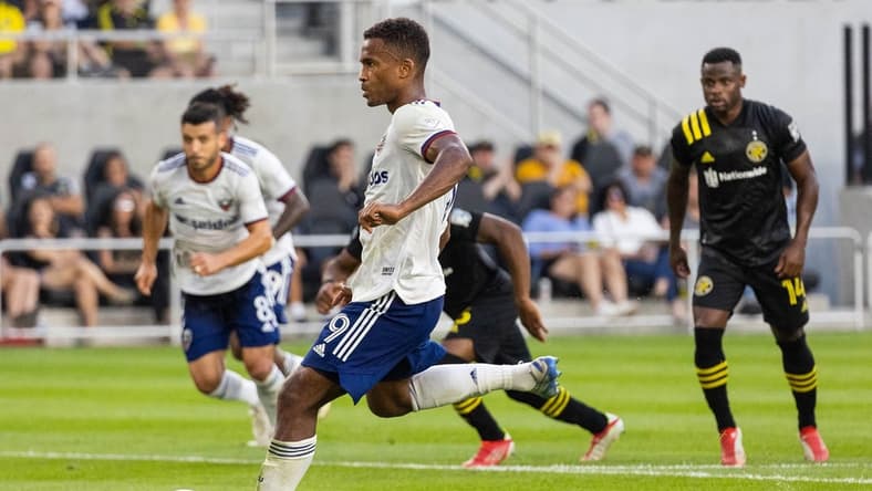 Aug 4, 2021; Columbus, Ohio, USA; D.C. United forward Ola Kamara (9) scores his second goal of the game against the Columbus Crew from the penalty spot in the first half at Lower.com Stadium. Mandatory Credit: Trevor Ruszkowski-USA TODAY Sports