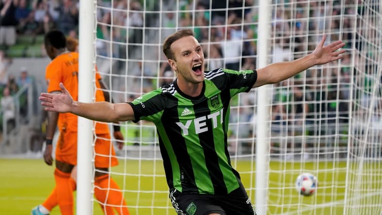 Aug 4, 2021; Austin, TX, USA; Austin FC midfielder Tomas Pochettino (7) celebrates after scoring a goal during the first half against the Houston Dynamo at Q2 Stadium. Mandatory Credit: Scott Wachter-USA TODAY Sports
