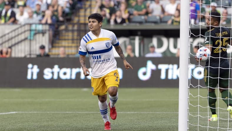 Aug 4, 2021; Portland, Oregon, USA; San Jose Earthquakes midfielder Javier L?pez (9) celebrates after scoring a goal against the Portland Timbers during the first half at Providence Park. Mandatory Credit: Soobum Im-USA TODAY Sports