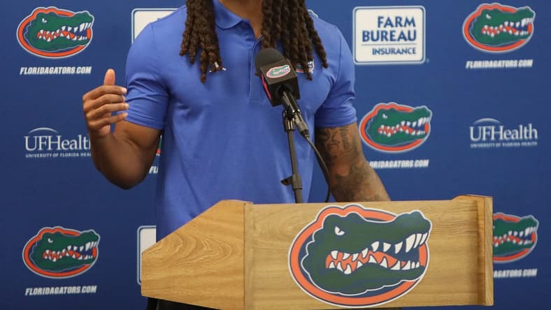 Jaydon Hill, a Florida Gators cornerback, responds to a question from the media during a press conference before the start of Fall football practice, at Ben Hill Griffin Stadium in Gainesville, Fla., Aug. 5, 2021.
UFmediaDay09