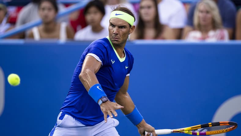Aug 5, 2021; Washington, DC, USA; Rafael Nadal of Spain in action against Lloyd Harris of South Africa (not pictured) during the Citi Open at Rock Creek Park Tennis Center. Mandatory Credit: Scott Taetsch-USA TODAY Sports