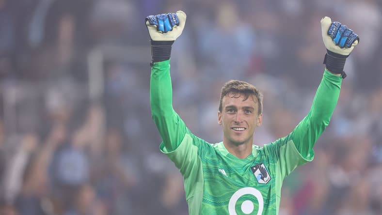 Aug 7, 2021; Saint Paul, MN, USA; Minnesota United goalkeeper Tyler Miller (1) celebrates after defeating the Houston Dynamo at Allianz Field. Mandatory Credit: Harrison Barden-USA TODAY Sports