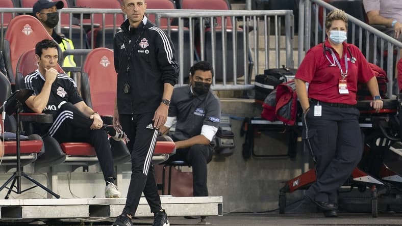 Aug 7, 2021; Toronto, Ontario, CAN; Toronto FC interim head coach Javier Perez looks on during the first half against New York City FC at BMO Field. Mandatory Credit: Nick Turchiaro-USA TODAY Sports