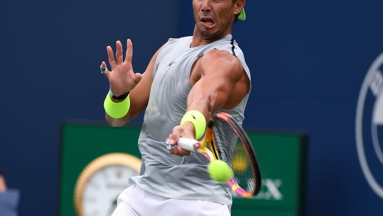 Aug 8, 2021; Toronto, Ontario, Canada;  Rafael Nadal of Spain plays a shot during practice before the start of the National Bank Open. Mandatory Credit: Dan Hamilton-USA TODAY Sports